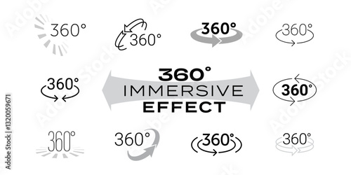 360 icon. Vector line 360 degrees panorama label, 360 surround sound effect logo, VR 3D virtual reality panoramic camera view capture symbol set. Rotation arrows