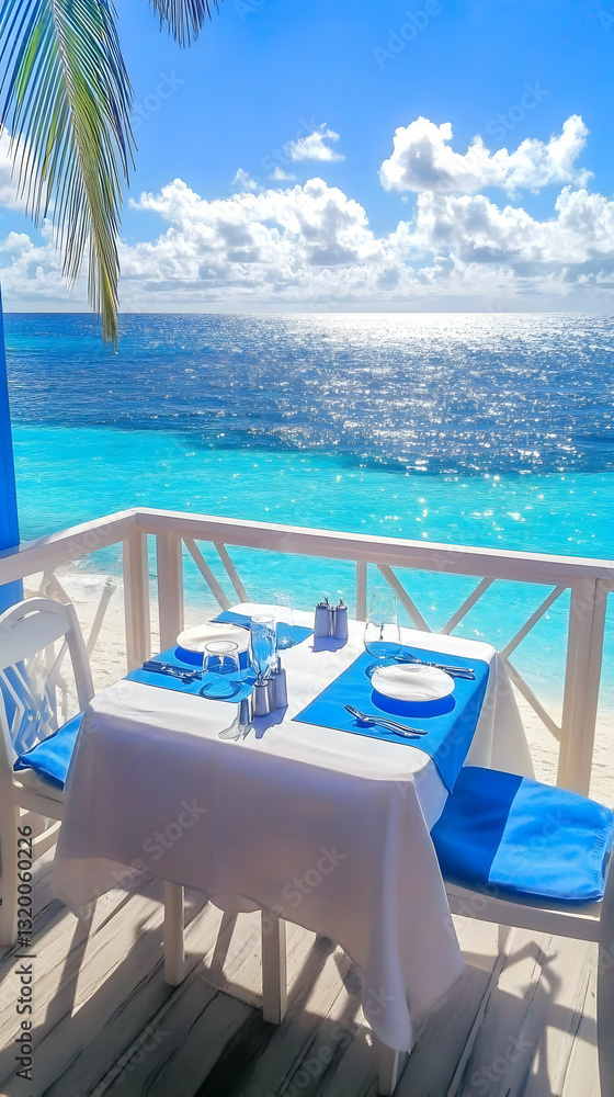 Oceanfront Table Setting: A Romantic Beachside Dinner Awaits with Azure Waters and Sunny Skies