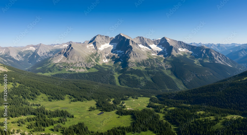Fototapeta premium Scenic Rocky Mountain Range Landscape with Lush Forest, Meadows, and Clear Blue Sky