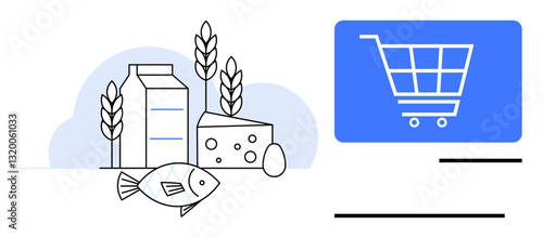Milk carton, cheese slice, fish, egg, and wheat beside a grocery cart icon. Ideal for food shopping, nutrition, e-commerce, grocery delivery healthy eating meal planning flat simple metaphor