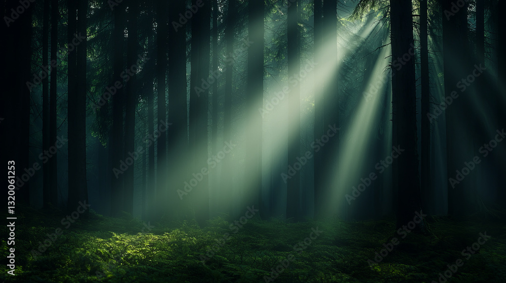 Naklejka premium Misty morning light filtering through dense forest creates serene atmosphere
