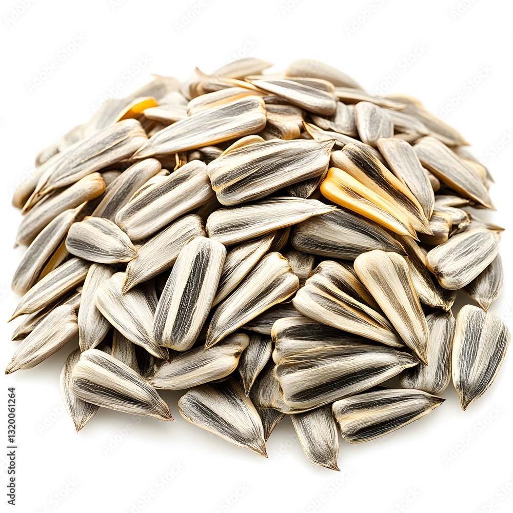 Fresh pile of sunflower seeds on a bright white background perfect for healthy snacking or culinary uses Fresh pile of sunflower seeds on a bright white background perfect for healthy snacking or culinary uses
