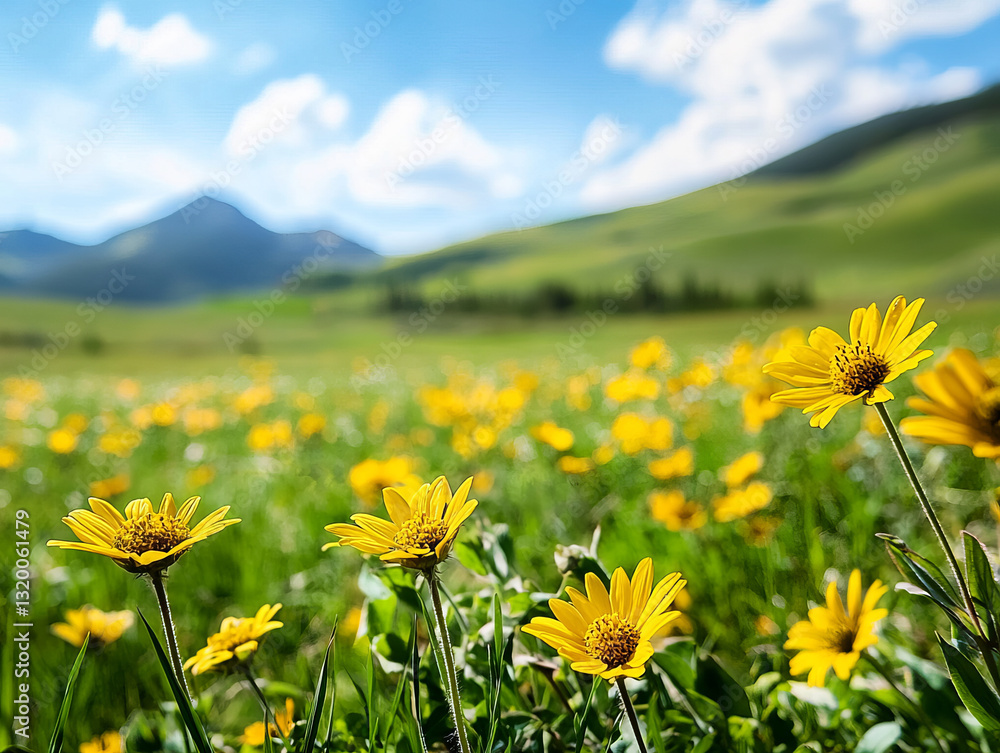 Fototapeta premium Vibrant wildflowers in sunny open space with mountains in background