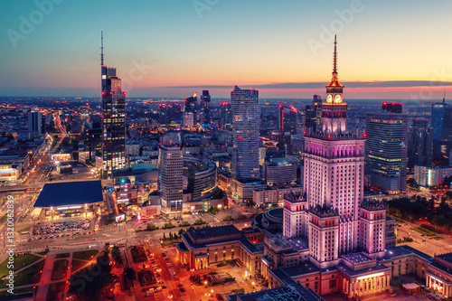 Palace of Science and Culture, Warsaw city center at night