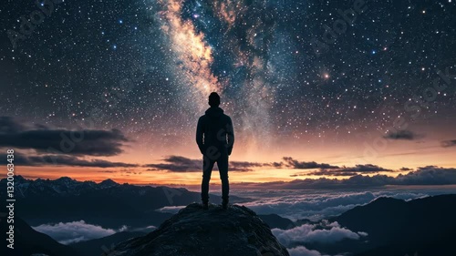 astronomy time long exposure landscape photography. A man standing in a high place looking up in wonder to the Milky Way galaxy