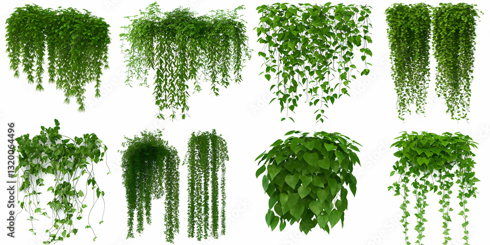 3D Render of Eight Lush Hanging Green Vines Isolated on White Background for Design Elements