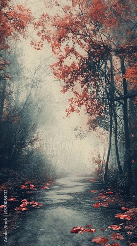 Autumnal Path in Misty Forest: A Serene Landscape