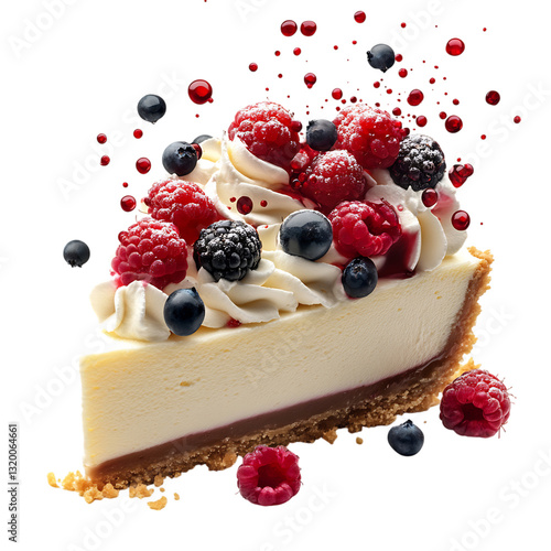A Slice of Creamy Cheesecake with Whipped Cream and Berries Isolated on Transparent Background