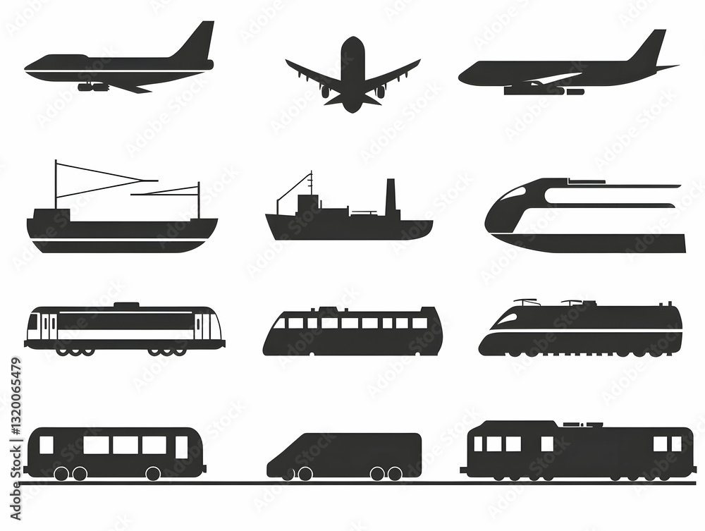 Collection of Black Silhouette Icons Depicting Various Modes of Transportation, Including Airplanes, Ships, and Trains, on a White Background Collection of Black Silhouette Icons Depicting Various Modes of Transportation, Including Airplanes, Ships, and Trains, on a White Background