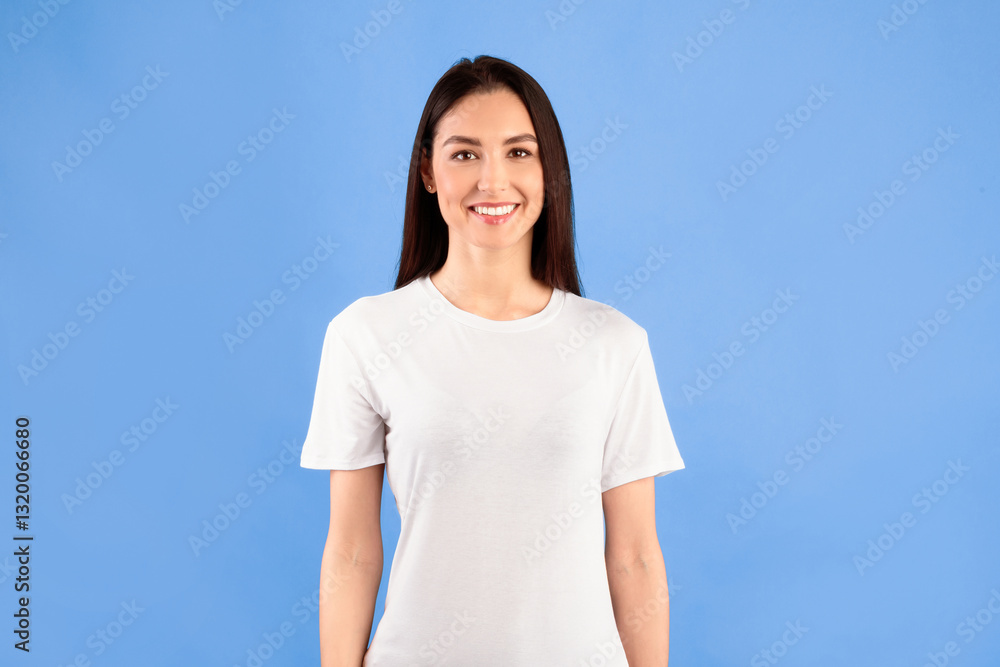 Portrait of beautiful casual smiling caucasian girl posing and looking at camera isolated over turquoise studio wall Portrait of beautiful casual smiling caucasian girl posing and looking at camera isolated over turquoise studio wall