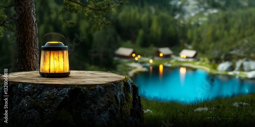 Serene lakeside scene featuring a glowing lantern on a tree stump with cabins in the background