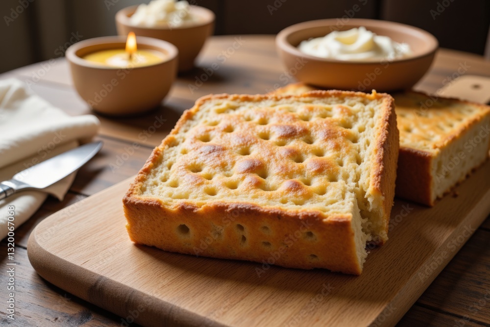 Freshly Baked Cornbread on a Wooden Board Surrounded by Dishes of Butter and Honey, Perfect for a Warm Family Gathering or Cozy Meal