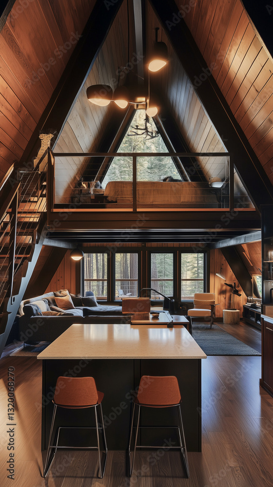 Modern A-Frame Cabin Interior with Open Space and Rustic Decor