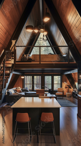 Obraz na płótnie Modern A-Frame Cabin Interior with Open Space and Rustic Decor w salonie