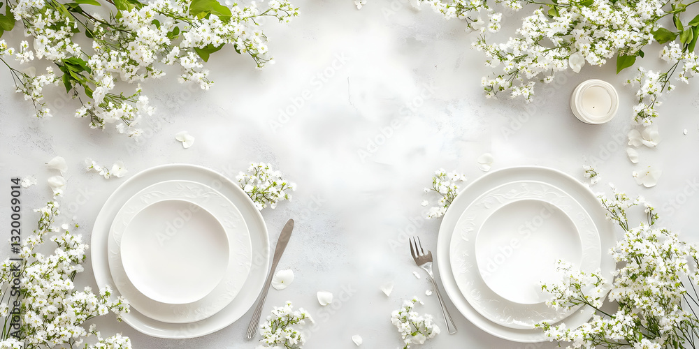 Elegant White Table Setting with Delicate White Flowers and Candle, Springtime Festive Decor Elegant White Table Setting with Delicate White Flowers and Candle, Springtime Festive Decor