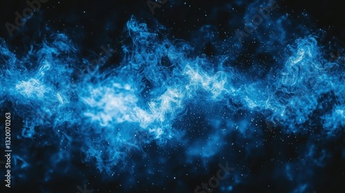 Ethereal blue smoke and particles swirling in the dark background, bright