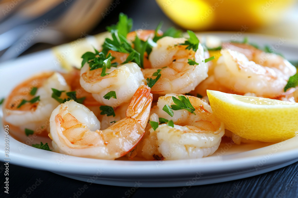 Closeup of Delicious Cooked Shrimp with Lemon and Parsley Closeup of Delicious Cooked Shrimp with Lemon and Parsley