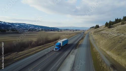 Large Blue Semi Truck Traveling a Scenic Highway Through a Rolling Landscape