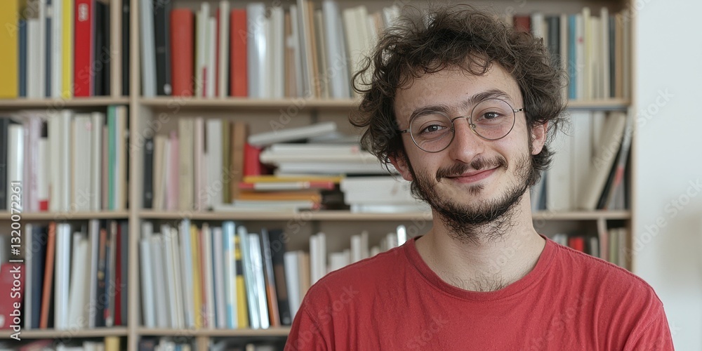 A man in a red shirt is standing in front of a bookcase A man in a red shirt is standing in front of a bookcase