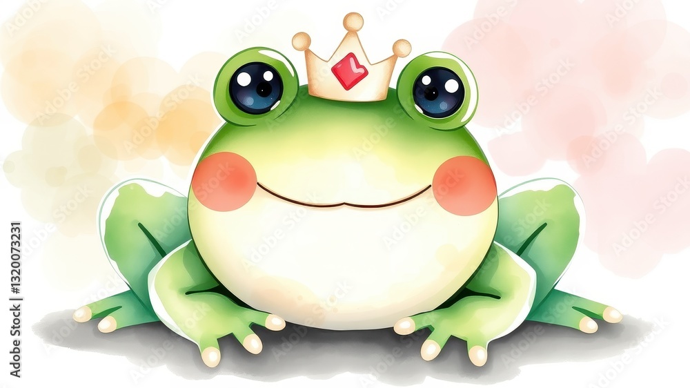 Fototapeta premium Cartoon Frog with Crown Smiling Cheerfully in a Playful Style
