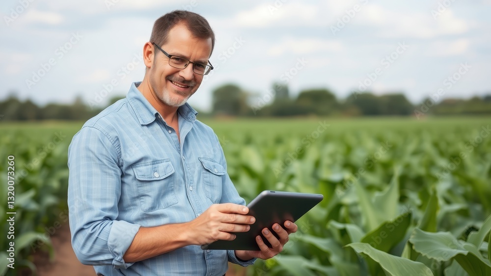 Farmer Using Tablet in Green Crop Field for Modern Agriculture Efficiency Farmer Using Tablet in Green Crop Field for Modern Agriculture Efficiency