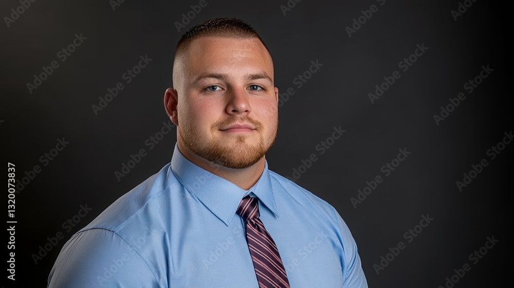 A man wearing a blue shirt and a red tie. He has a beard and is smiling. He is standing in front of a black background A man wearing a blue shirt and a red tie. He has a beard and is smiling. He is standing in front of a black background