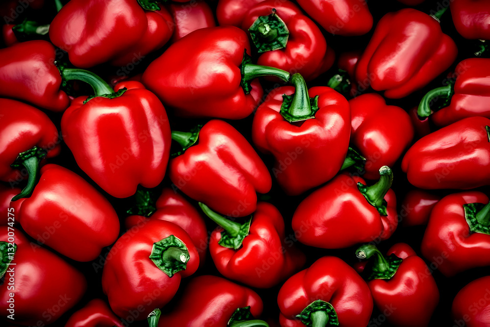 Vibrant Red Bell Peppers Close-Up: A Rich, Colorful Still Life of Fresh Produce, Glistening with Juicy Texture, Ideal for Culinary or Food Backgrounds. Vibrant Red Bell Peppers Close-Up: A Rich, Colorful Still Life of Fresh Produce, Glistening with Juicy Texture, Ideal for Culinary or Food Backgrounds.