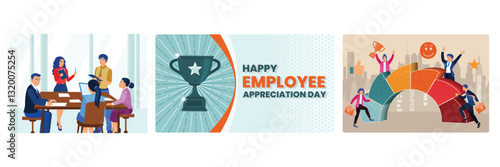 Employee Appreciation Day banner with a group of colleagues, trophies and symbols of satisfaction.