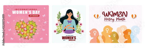 International Women's Day poster with floral decoration, cheerful girl and gender symbols.