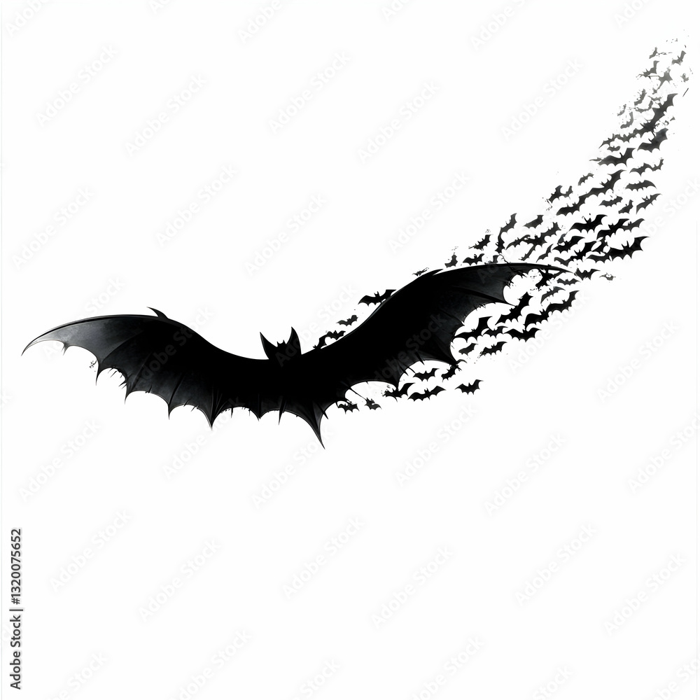 A Single Bat Leading a Swarm in Flight, a Dramatic Black and White Illustration on White Background A Single Bat Leading a Swarm in Flight, a Dramatic Black and White Illustration on White Background
