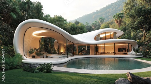 Wallpaper Mural Modern organic futuristic house surrounded by lush trees and greenery Torontodigital.ca