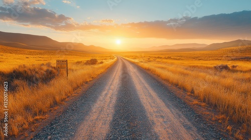 A gravel road leads to a setting sun over a field