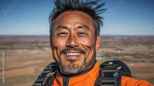 A man with a beard and glasses is smiling. He is wearing an orange jacket