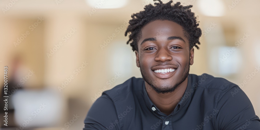 A man with a black shirt and a beard is smiling. He is sitting on a chair. There is a person in the background A man with a black shirt and a beard is smiling. He is sitting on a chair. There is a person in the background