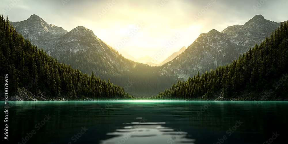 Fototapeta premium Serene mountain landscape with a tranquil lake reflecting the sunrise amidst lush greenery