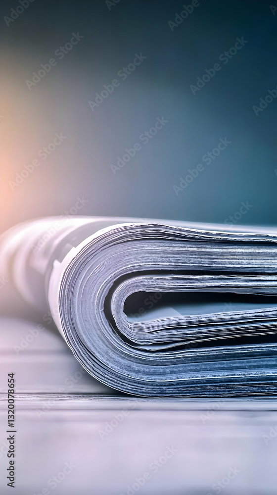 Close-up of Rolled Newspaper Pages on a Table, Showing Layers and Texture. Abstract Background Image. Close-up of Rolled Newspaper Pages on a Table, Showing Layers and Texture. Abstract Background Image.