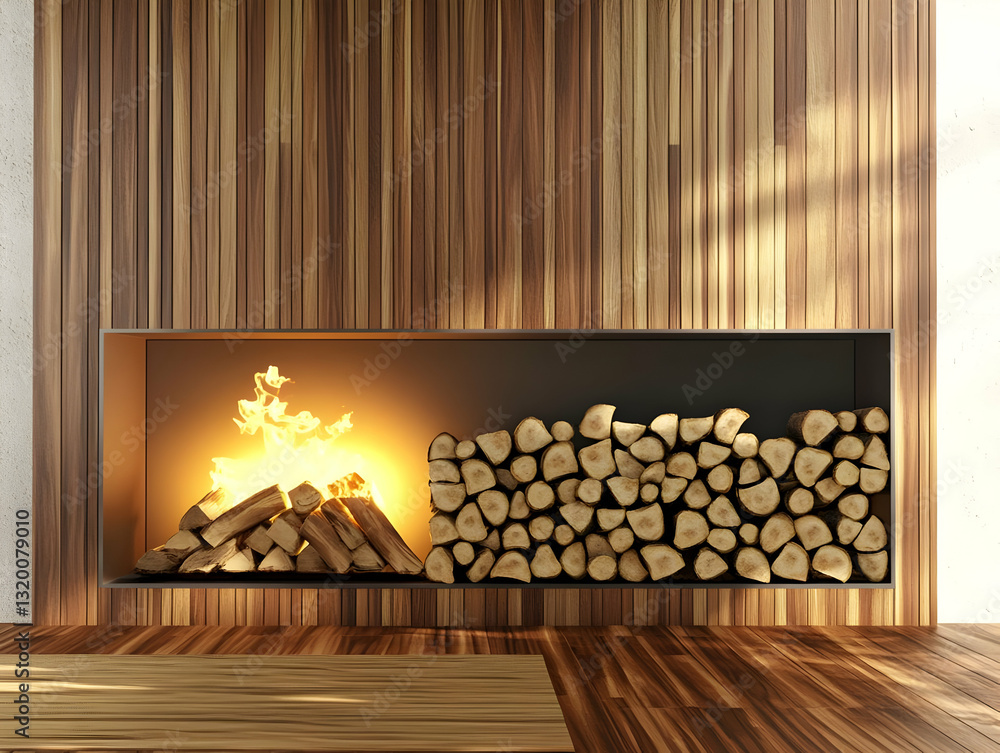Fototapeta premium 3D Render of a Cozy Fireplace with Burning Wood and Stacked Logs Against a Wooden Wall