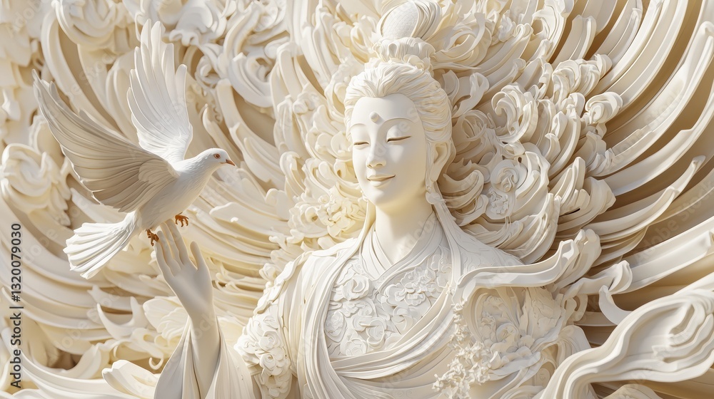 Serene figure representing peace, smiling gently while holding a dove, embodying harmony and tranquility in a serene environment Serene figure representing peace, smiling gently while holding a dove, embodying harmony and tranquility in a serene environment
