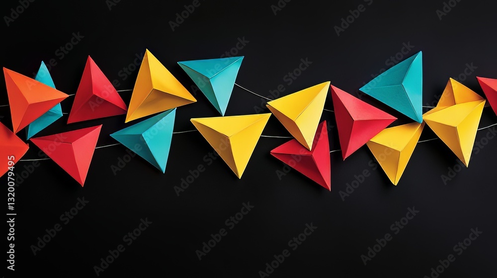 Vibrant String of Colorful Triangular Flags in Red, Yellow, Turquoise, and Blue Vibrant String of Colorful Triangular Flags in Red, Yellow, Turquoise, and Blue