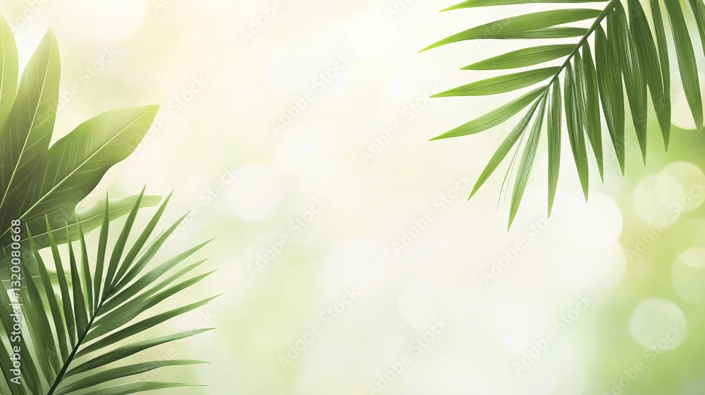 Fototapeta premium Serene Palm Sunday: Lush Green Palm Leaves, Blurred Background, Perfect for Religious or Spiritual Designs, Invitations, and Easter Celebrations. A 