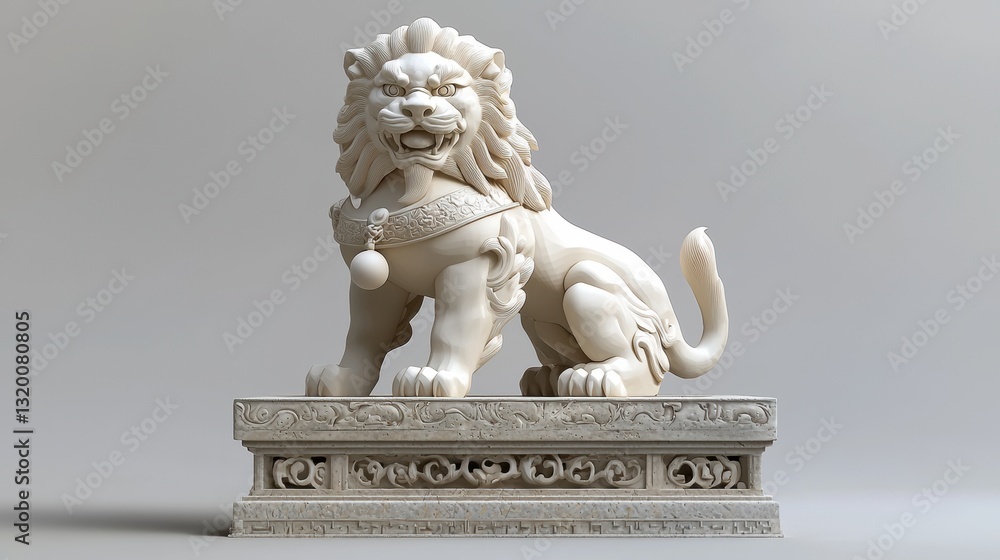 Majestic Chinese Guardian Lion Holding Glowing Orb on Decorative Base Majestic Chinese Guardian Lion Holding Glowing Orb on Decorative Base