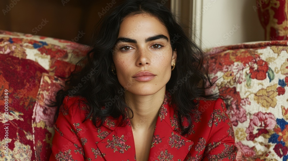 Fototapeta premium A woman is sitting on a couch wearing a red jacket. She has dark hair and is wearing a necklace