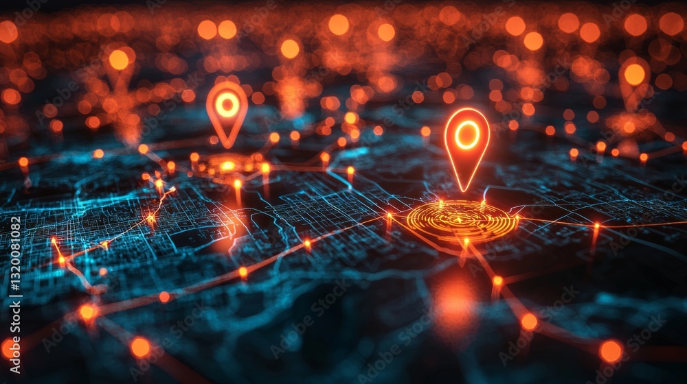 Visualization of Location Pins on Digital Network Map with Glow Effect Visualization of Location Pins on Digital Network Map with Glow Effect