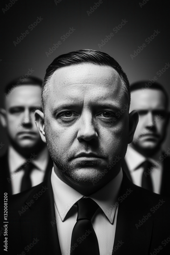 Intense Portrait of a Man in a Suit with Dramatic Lighting and Multiple Reflections Intense Portrait of a Man in a Suit with Dramatic Lighting and Multiple Reflections