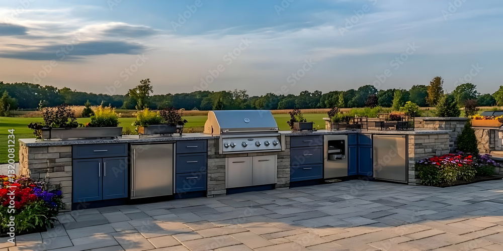 Outdoor kitchen with built-in grill, cabinetry, and stonework situated on a patio overlooking a lush green landscape under a partly cloudy sky. Outdoor kitchen with built-in grill, cabinetry, and stonework situated on a patio overlooking a lush green landscape under a partly cloudy sky.