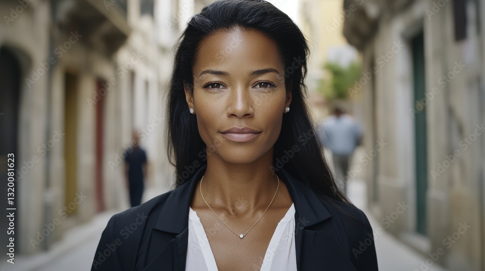 A woman wearing a black jacket and white shirt. She is wearing a necklace and has a smile on her face A woman wearing a black jacket and white shirt. She is wearing a necklace and has a smile on her face