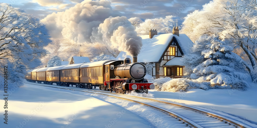 Obraz premium A Steam Train Journeys Through a Snowy Winter Landscape, Passing a Cozy Cottage Illuminated by Warm Light