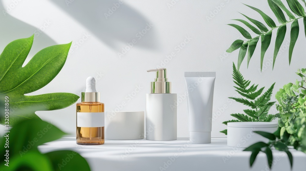 Lotion bottles with blank labels on a white gray background with leaves Lotion bottles with blank labels on a white gray background with leaves