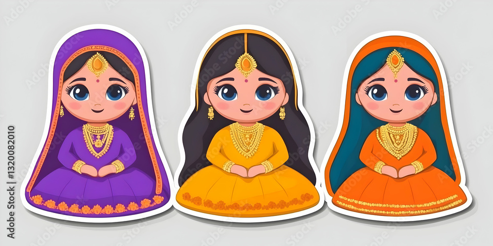 Adorable Cartoon Illustration of Three Young Women in Vibrant Traditional South Asian Attire, Adorable Cartoon Illustration of Three Young Women in Vibrant Traditional South Asian Attire,
