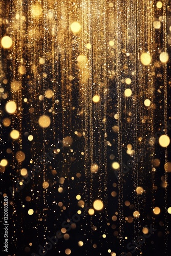 A backdrop adorned with cascading golden glitter particles. Descending gold confetti illuminated by enchanting light. A stunning luminous background.